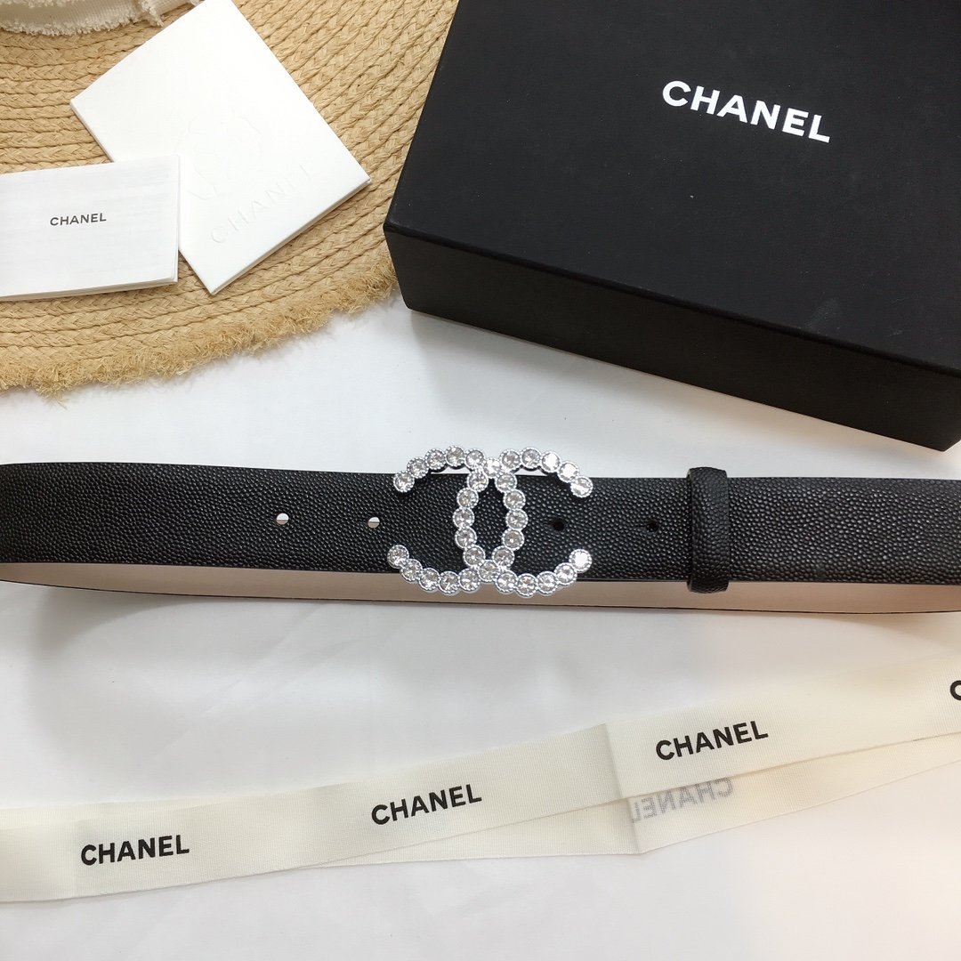 Chanel Belt With Beaded Buckle Black With Silver Hardware Women Belt 30MM - KAIROO