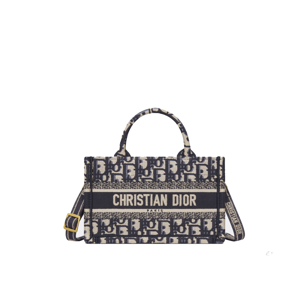 Dior Mini Book Tote Navy Oblique Jacquard Embroidery Mini Tote Bag (with Strap) - KAIROO