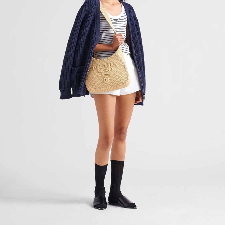 Prada Crochet Raffia Logo Embroidered Curved Hobo Tote Bag - KAIROO