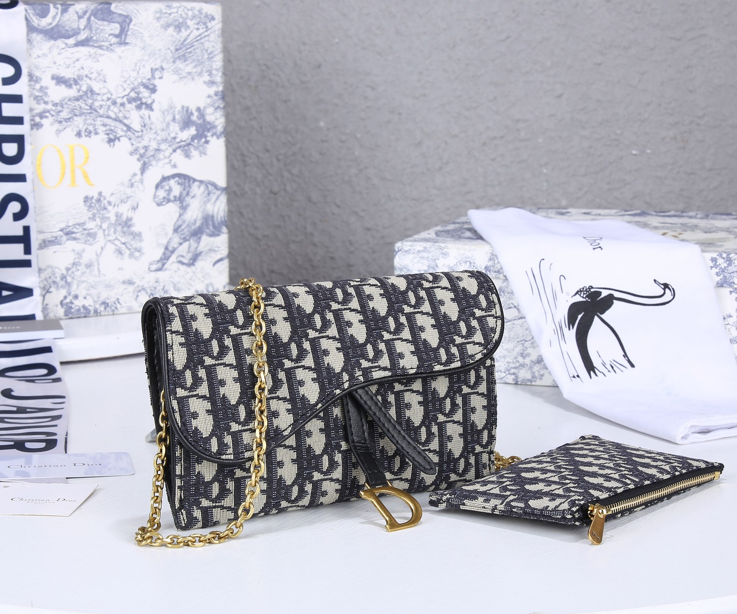 Dior Oblique Jacquard Saddle Gold D Charm Chain Clutch Bag with Pouch - KAIROO