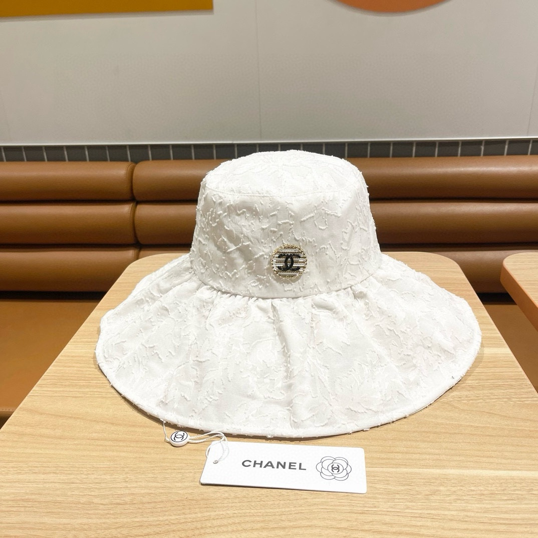 Chanel Crystal CC Logo Textured Wide Brim Bucket Hat - KAIROO