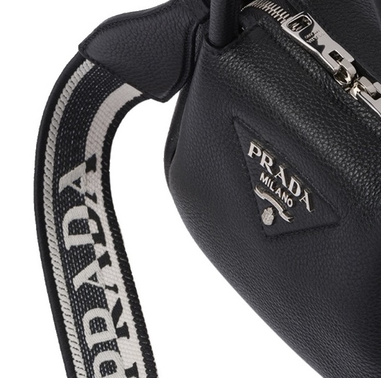 Prada Textured Leather Triangle Logo Webbing Strap Tote Handbag - KAIROO