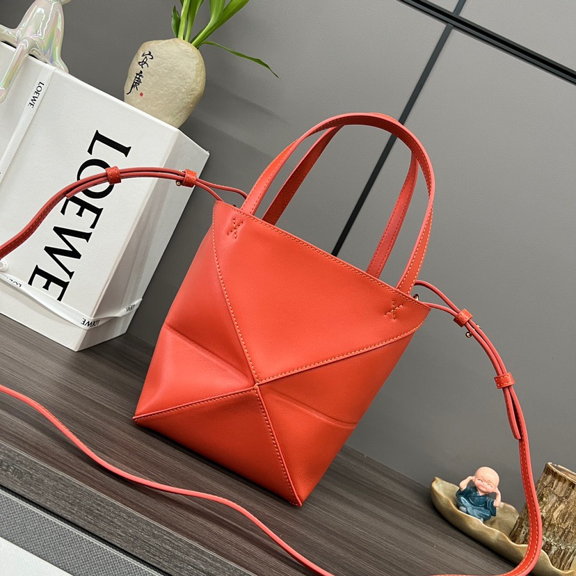 Loewe Sunset Orange Mini Puzzle Geometric Fold Smooth Leather Tote Handle Shoulder Bag - KAIROO
