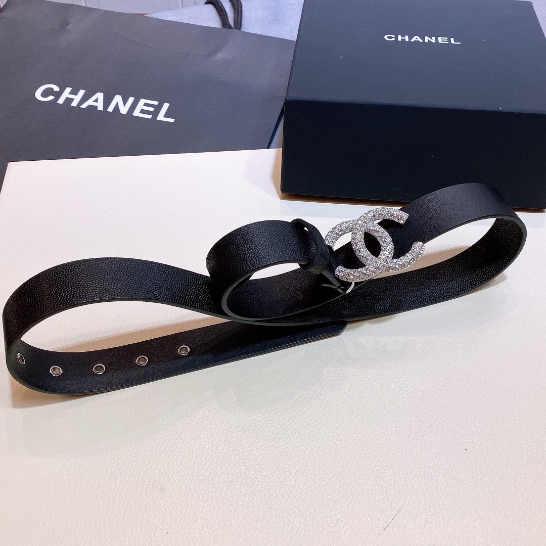 Chanel Belt With Beaded Buckle Black with Silver Hardware Women Belt 30MM - KAIROO