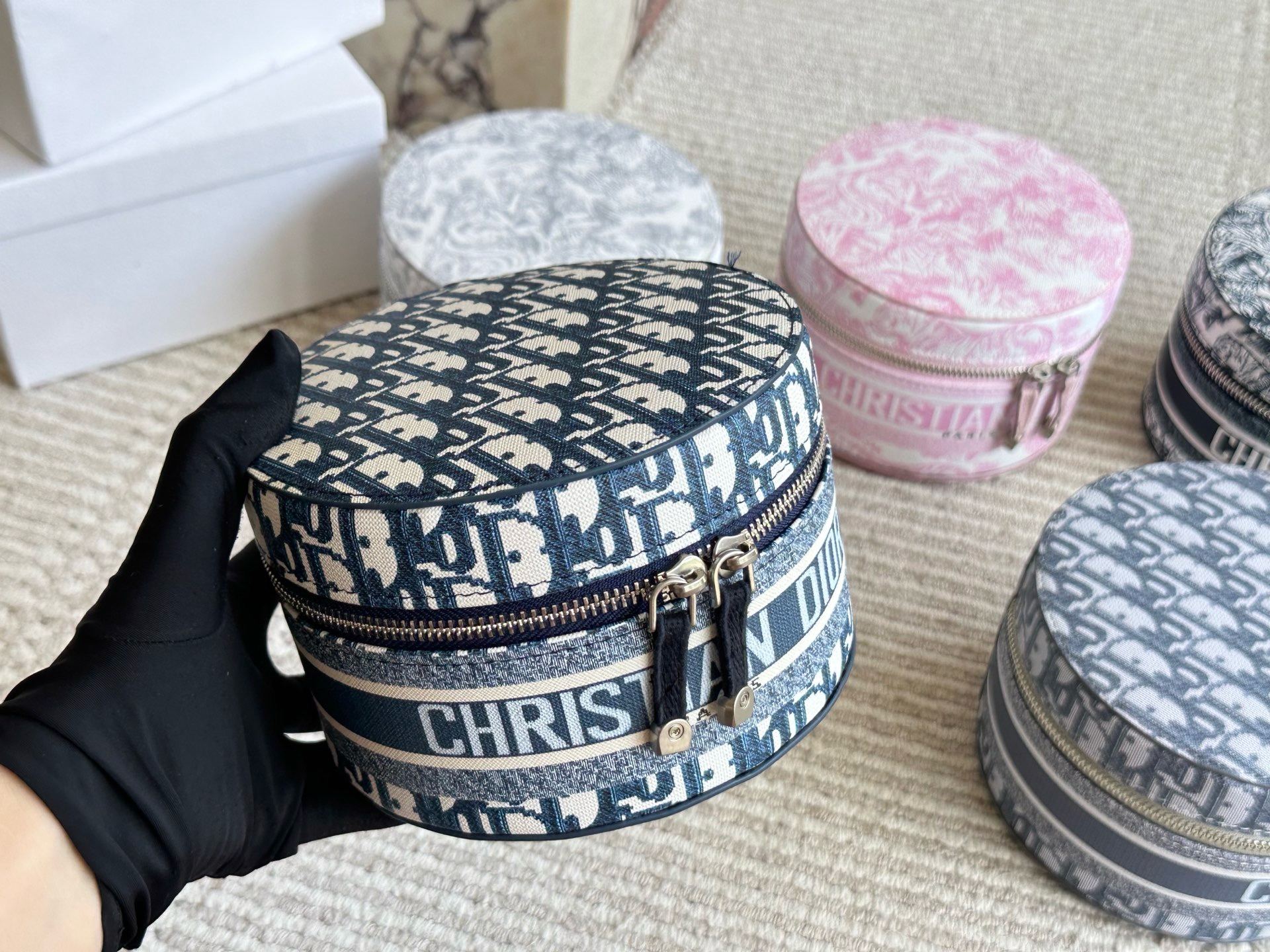 Dior CD Oblique Jacquard Cylindrical Cosmetic Clutch Vanity Bag - KAIROO