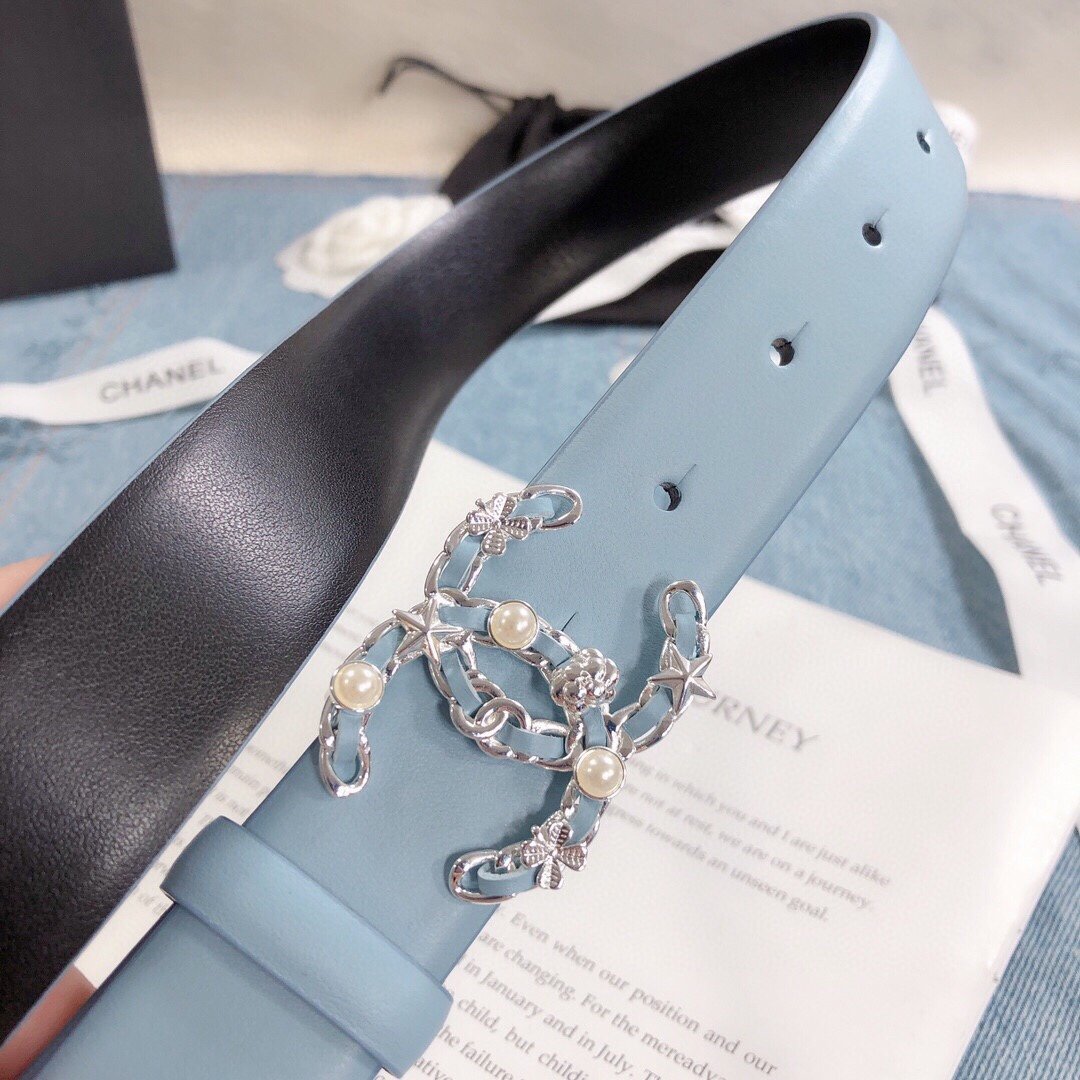 Chanel Belt With Double C Buckle Light Blue Silver Toned Hardware Women Belt 30MM - KAIROO