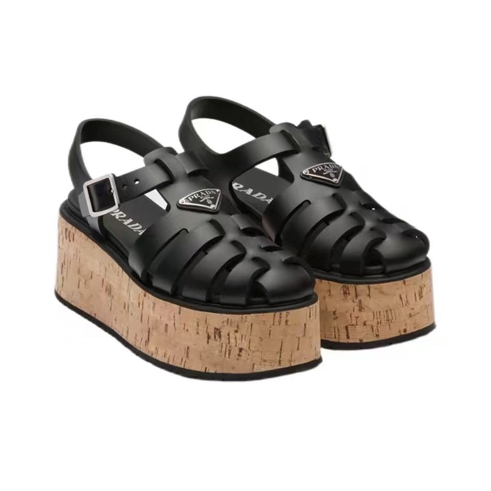 Prada Cage-upper Triangle-logo All-rubber Wedge Sole Sandals - KAIROO