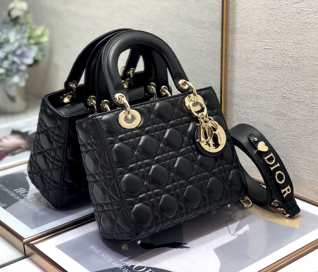 Dior Medium Lady Dior Delicate Leather Cannage Quilted Gold Hardware Top Handle Bag /Black - KAIROO