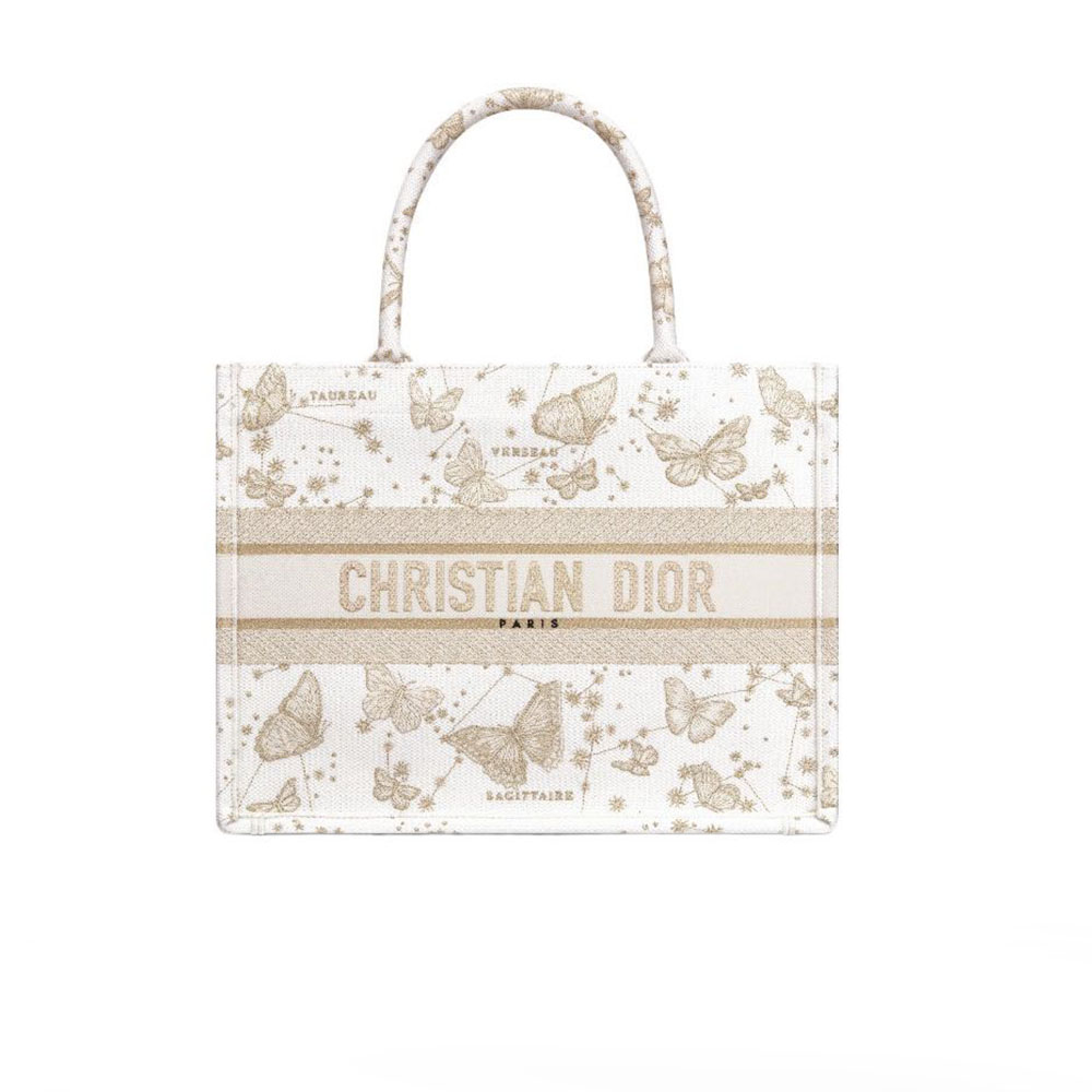 Dior Book Tote Gold Thread Butterfly Galaxy Canvas Handbag - KAIROO