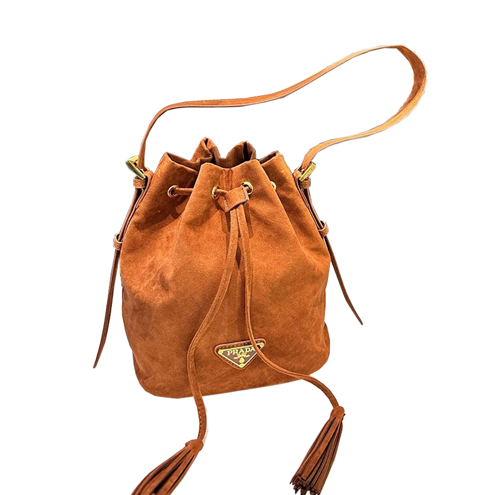 Prada Suede Tassel Drawstring Bucket Shoulder Bag/ Cognac - KAIROO