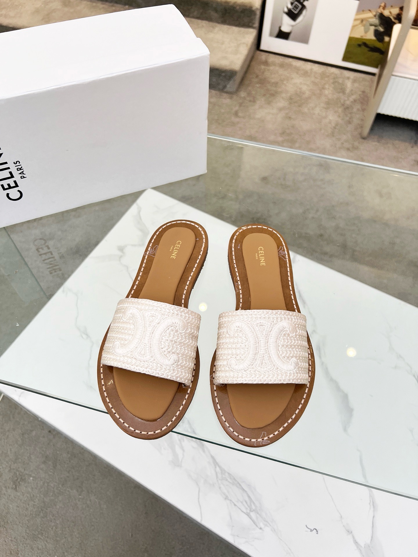 Celine Triomphe Logo Embroidered Woven Textile Flat Slides - KAIROO
