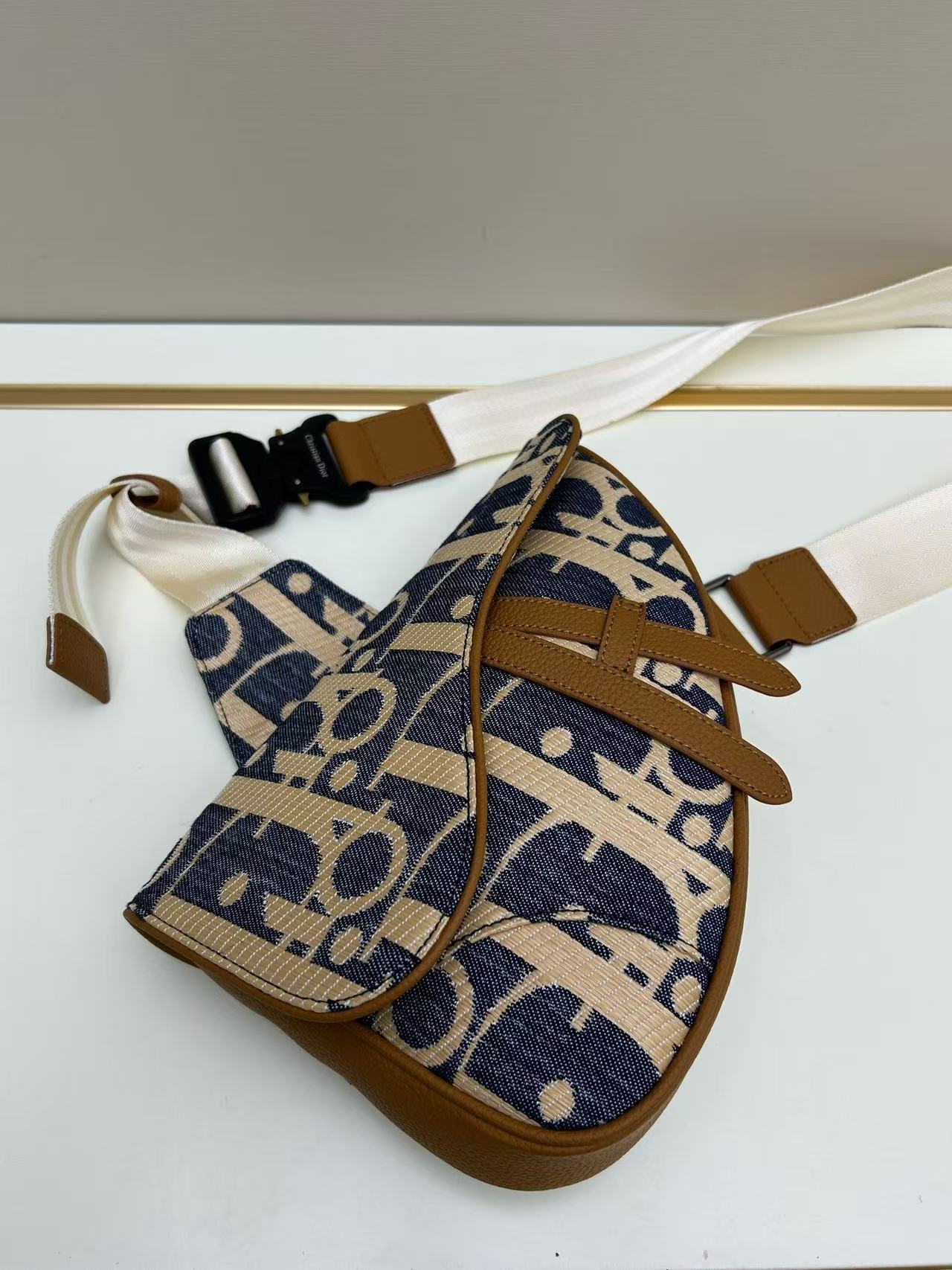 Dior Saddle Denim Blue Oblique Jacquard Patchwork Wide Strap Waist Chest Bag - KAIROO