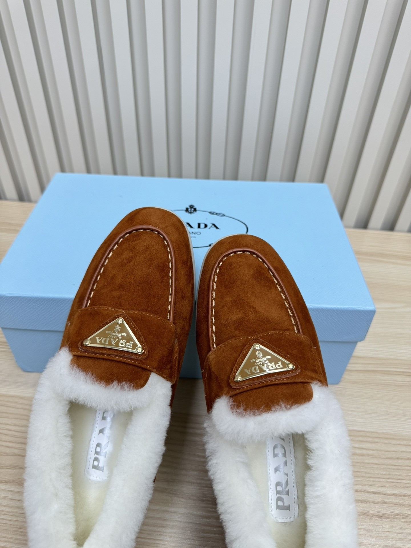 Prada Suede Shearling-Lined Triangle Logo Apron-toe Loafers/ Brown - KAIROO