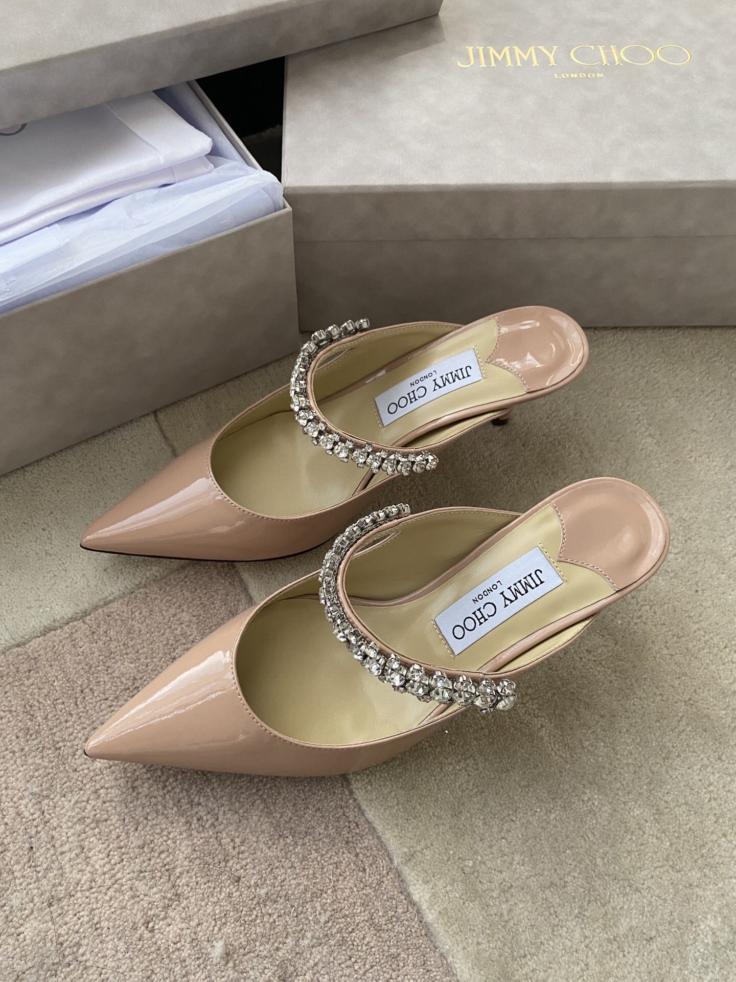 Jimmy Choo Bing 100 Patent Leather Mules with Crystal Strap - KAIROO