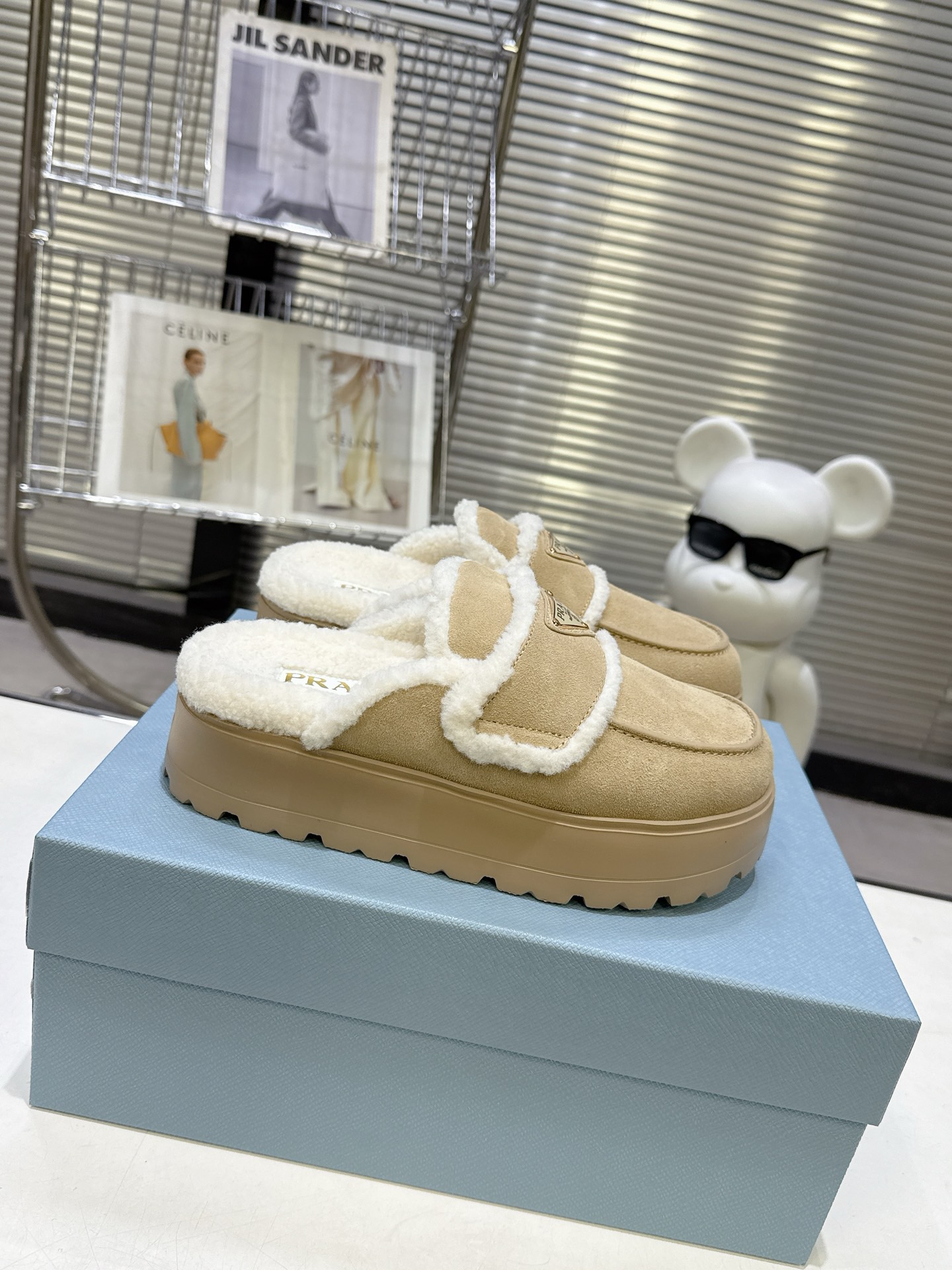 Prada Platform Loafer-style Triangle-logo Suede Shearling-lined Mule Slippers/ Beige - KAIROO