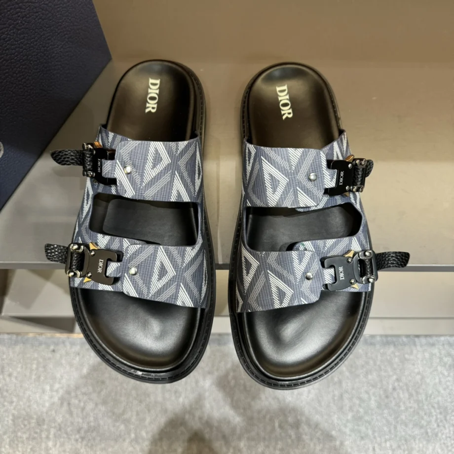 Dior CD Diamond Canvas Black Side Buckle Contrast Sole Sandals - KAIROO