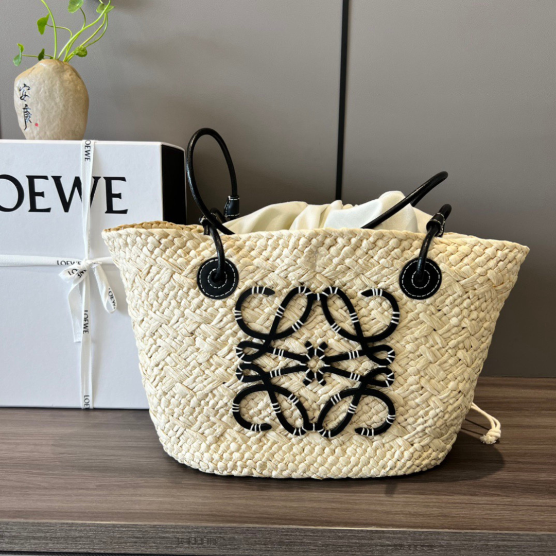 Loewe Black Woven Anagram Logo Raffia Straw Basket Tote Bags Small & Medium - KAIROO
