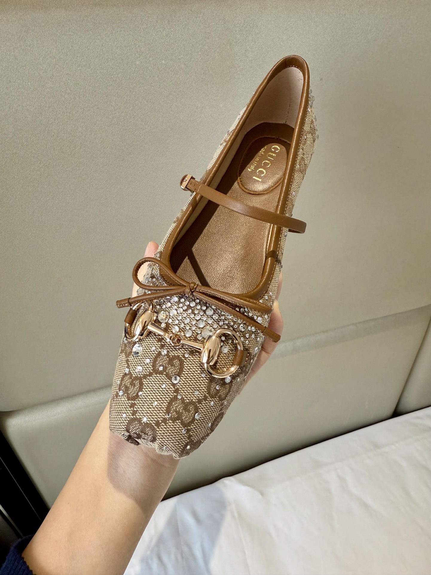 Gucci Sand Beige GG Crystal Horsebit Square Toe Ballet Flats - KAIROO