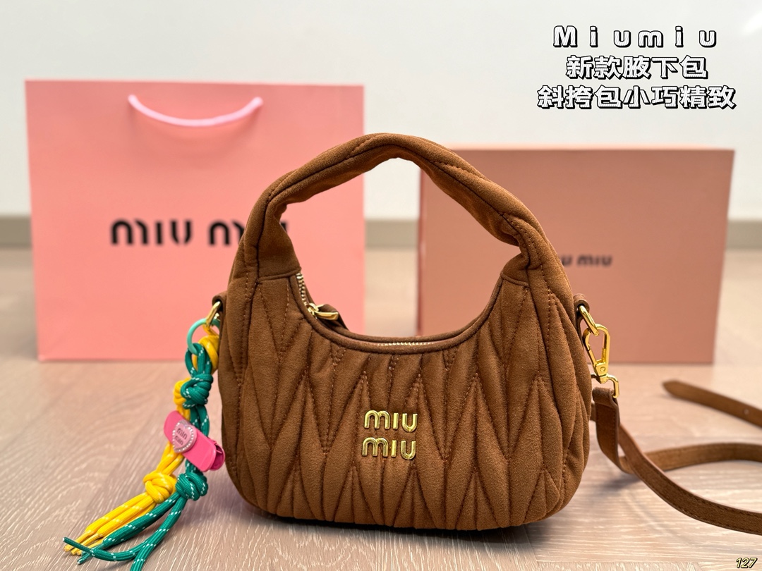 Miu Miu Wander Matelassé Suede Mini Crescent Shoulder Bag /Caramel - KAIROO