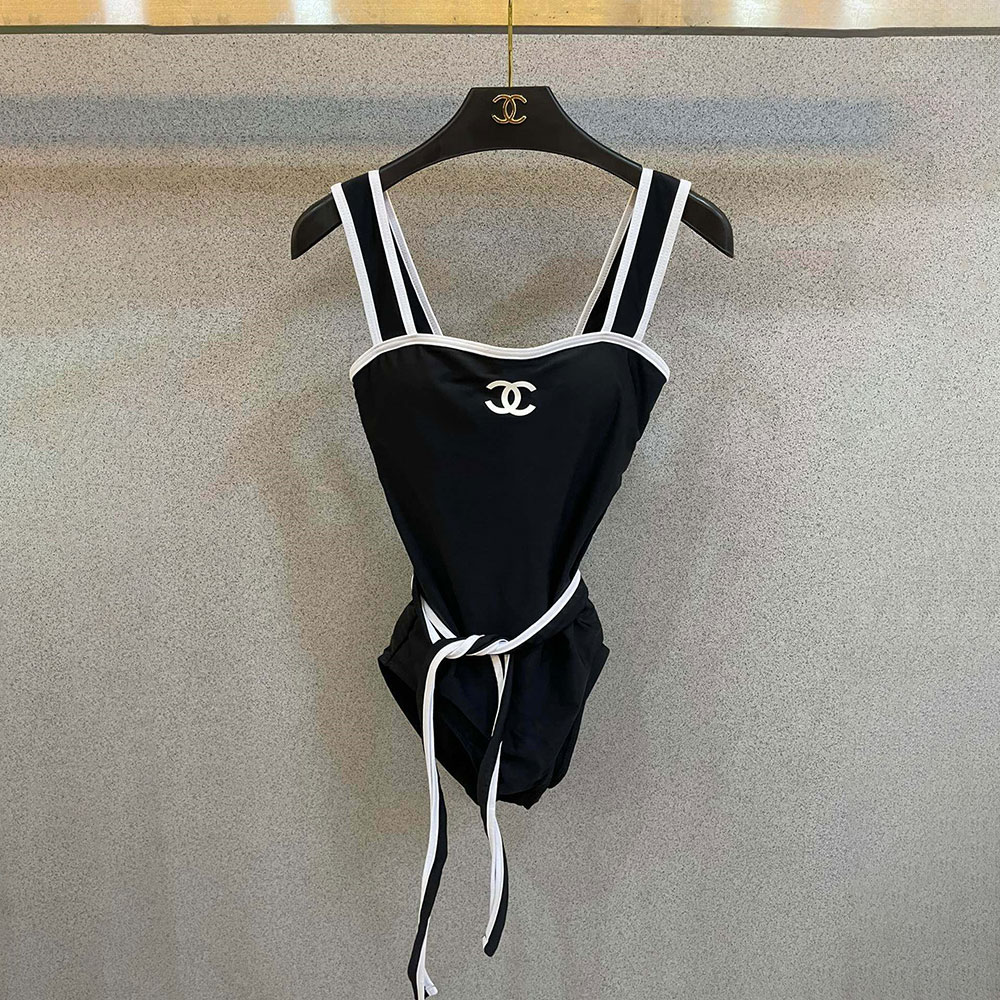 Chanel Square Neck Color-Block Bow Wide Straps One-Piece Swimsuit - KAIROO