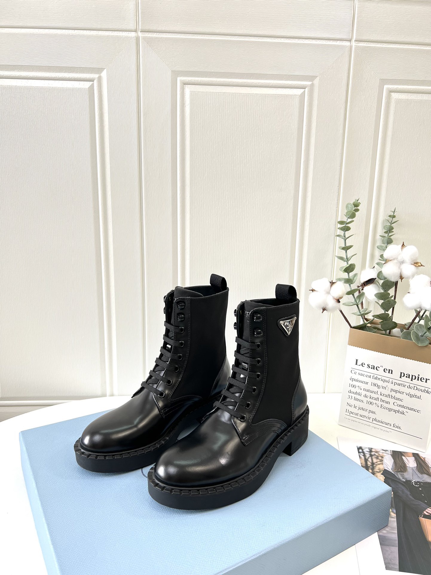 Prada Tri-Logo Lugs Nylon-mix Combat Laced Boots - KAIROO