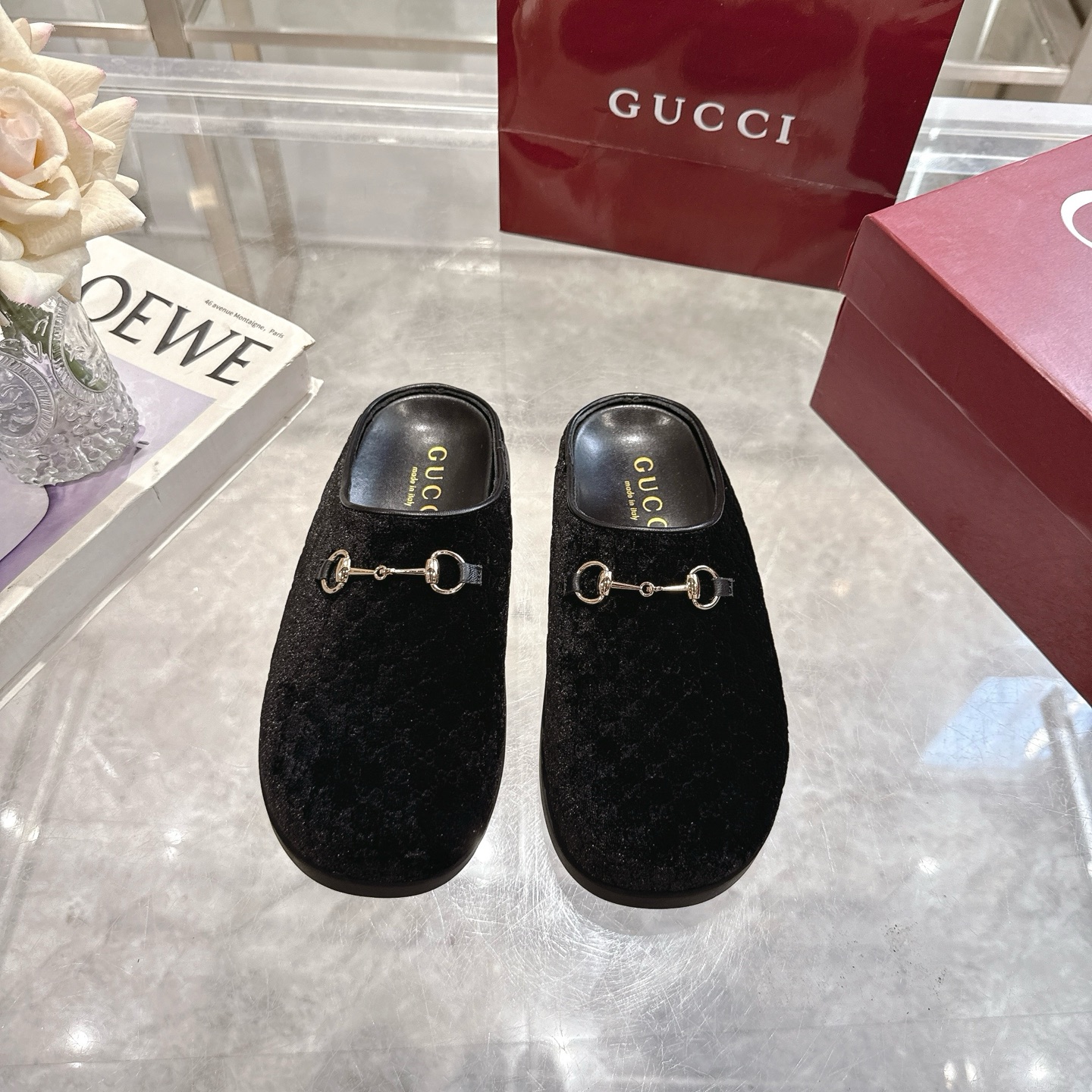 GUCCI Horsebit GG Monogram Velvet-Finish Slipper Mules/ Black - KAIROO