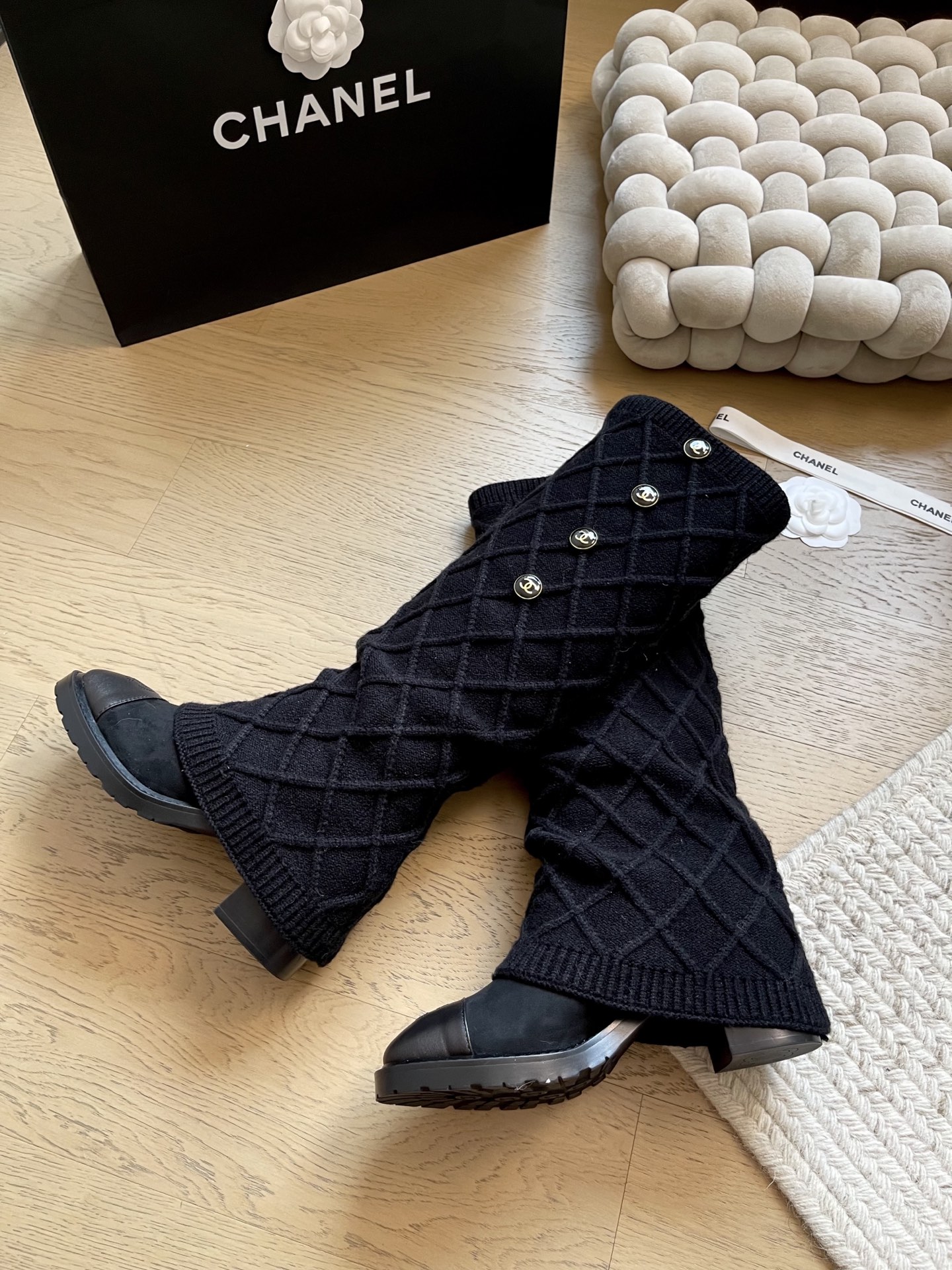 Chanel All-Black Knit Mid-High Boots - KAIROO