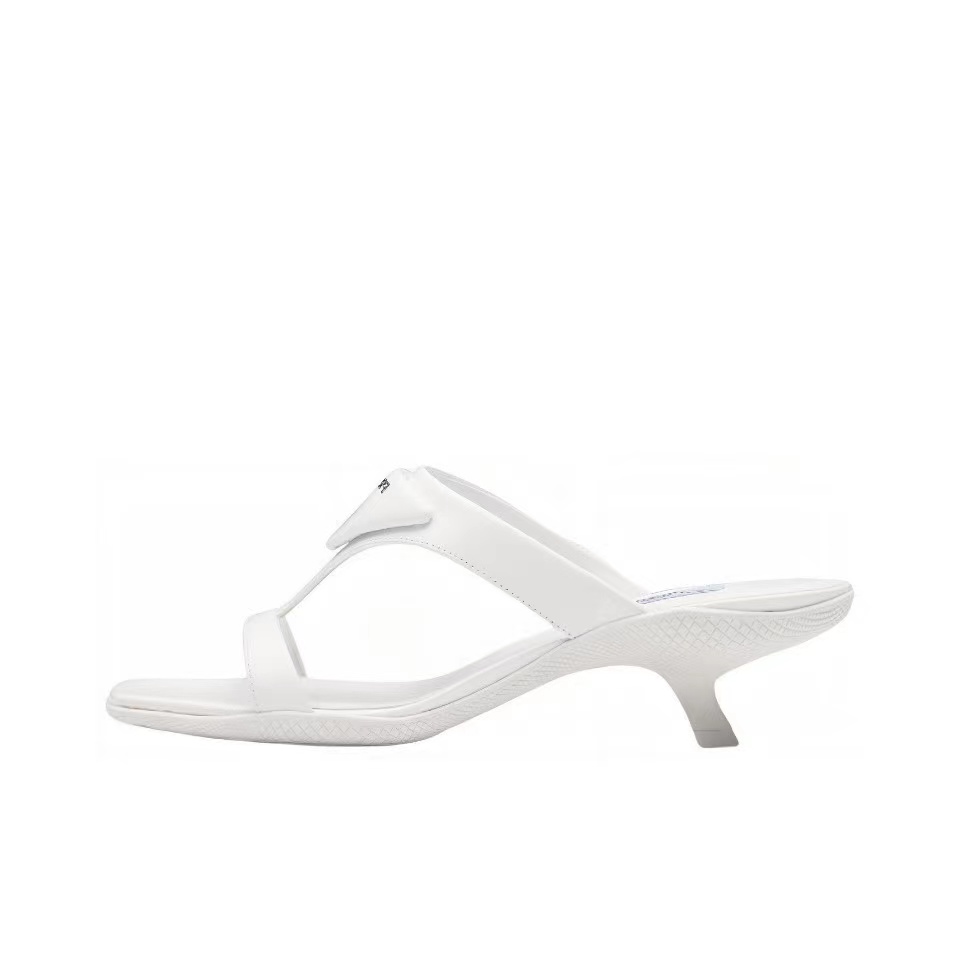 Prada Polished Leather Triangle Logo Thong Sandals Kitten Heel - KAIROO