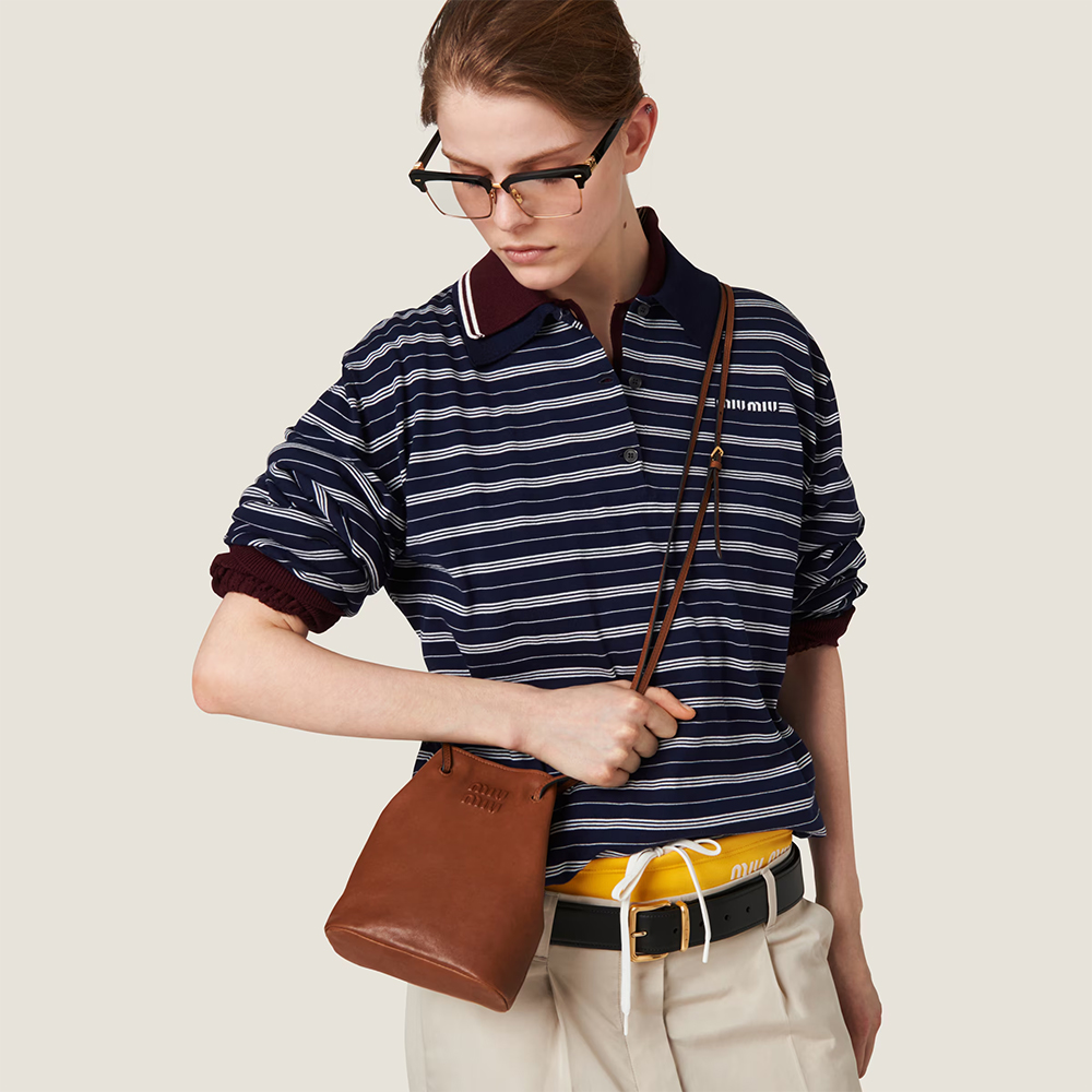 Miu Miu Mini Leather Embossed Logo Drawstring Bucket Bag - KAIROO