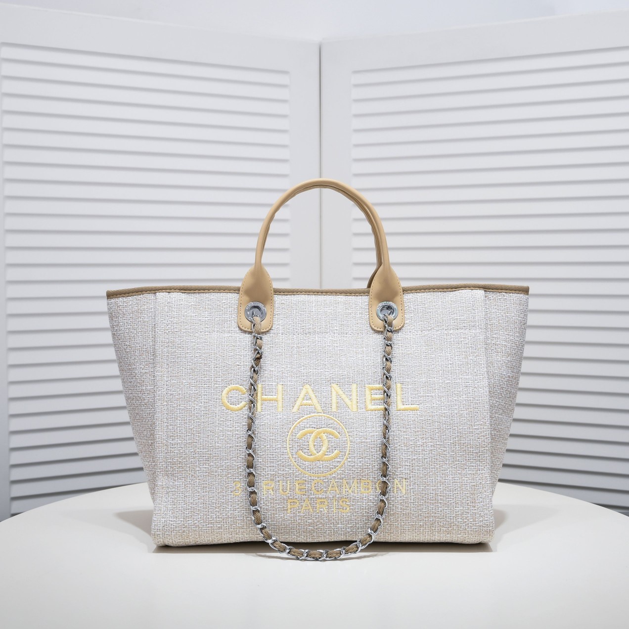 Chanel 31 Rue Cambon Canvas Embroidered Chain Tote Bag/ Beige - KAIROO