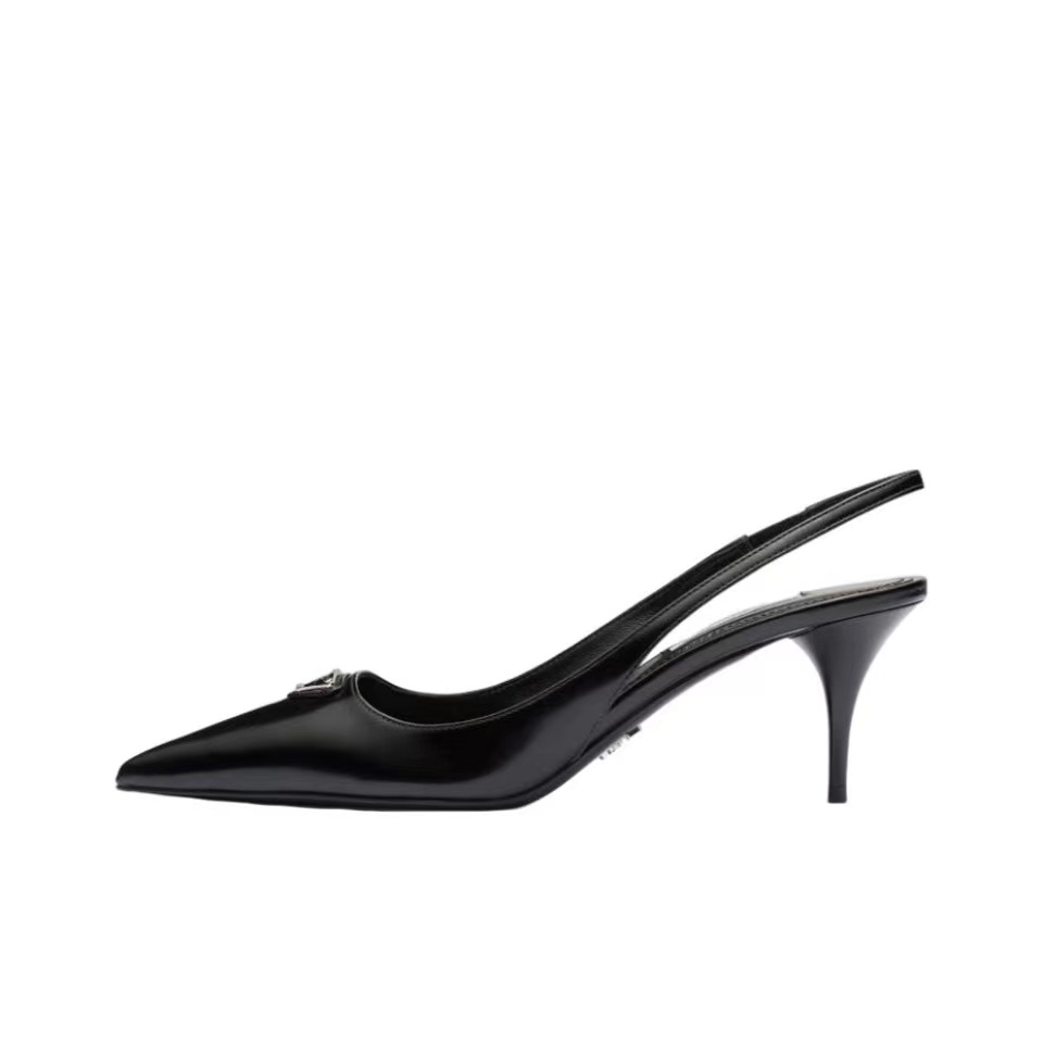 Prada Glossy Enamel Logo Pointed-Toe Slim-Heel Slingbacks - KAIROO