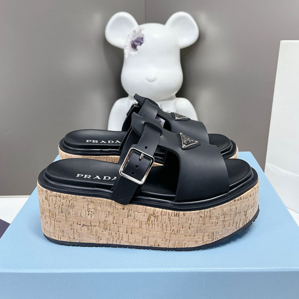 Prada Cork Chunky Platform Buckle Enamel Logo Slides - KAIROO