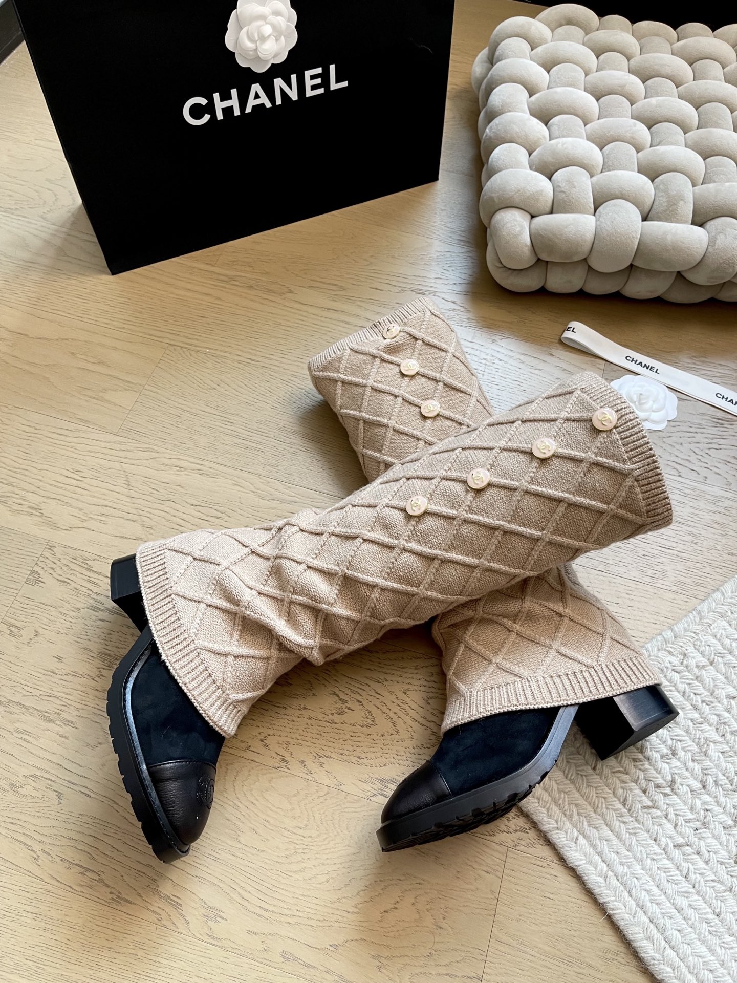 Chanel Two-Tone Knit Mid-High Boots - KAIROO