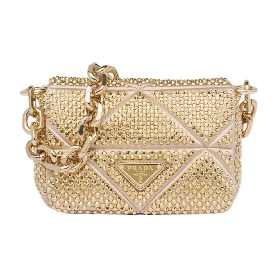 Prada Spectrum Quilted Silk Satin Crystal Studded Flap Chunky Chain Shoulder Bag - KAIROO