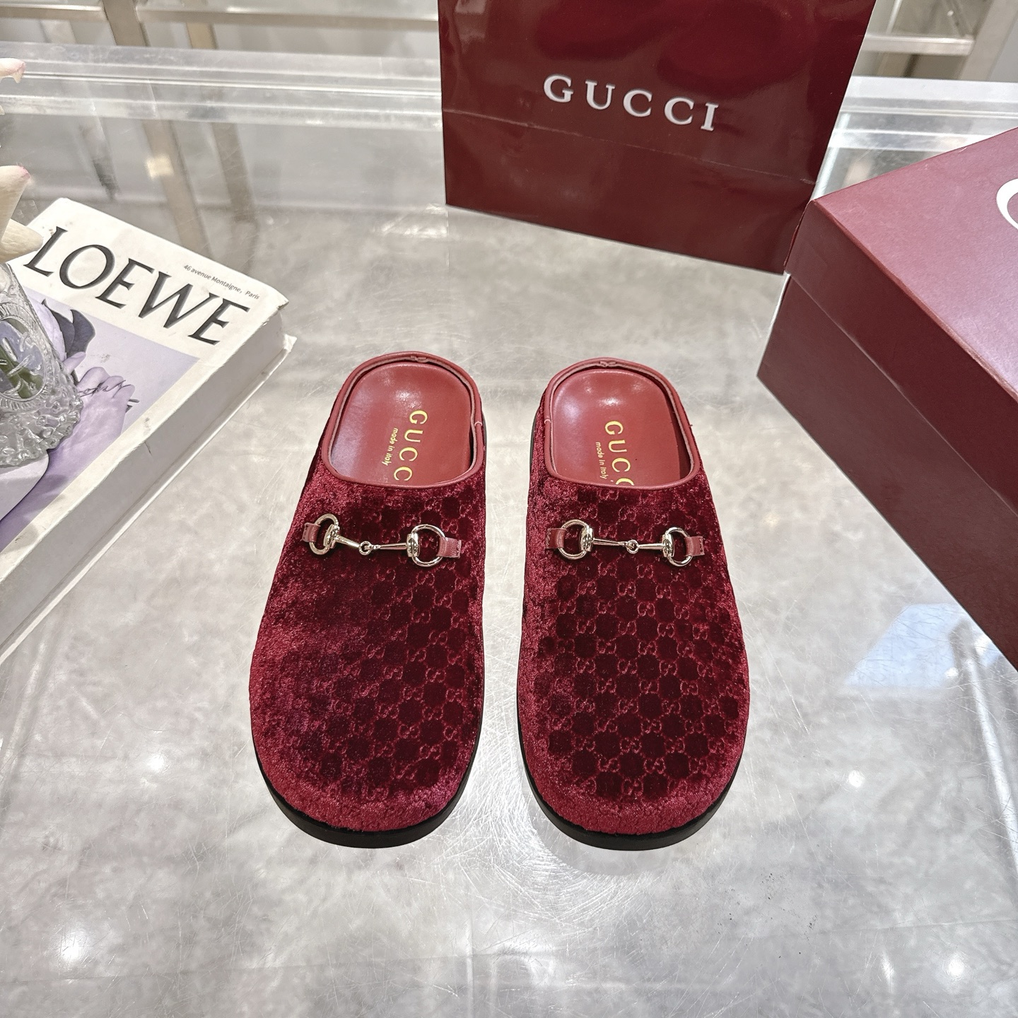 GUCCI Horsebit GG Monogram Velvet-Finish Slipper Mules/ Red - KAIROO