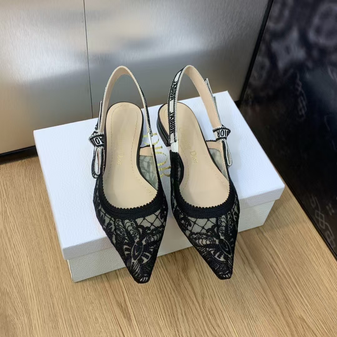 Dior Black Embroidered Floral Lace Pointed-Toe with Signature Ribbon Slingback Flats - KAIROO