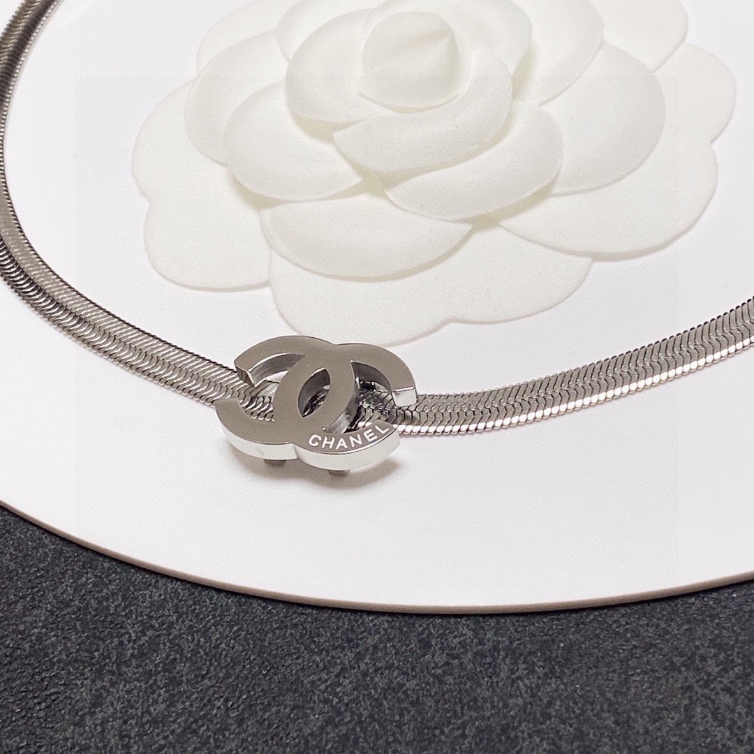 Chanel Classic Double C Logo Silver Flat Snake Chain Choker - KAIROO