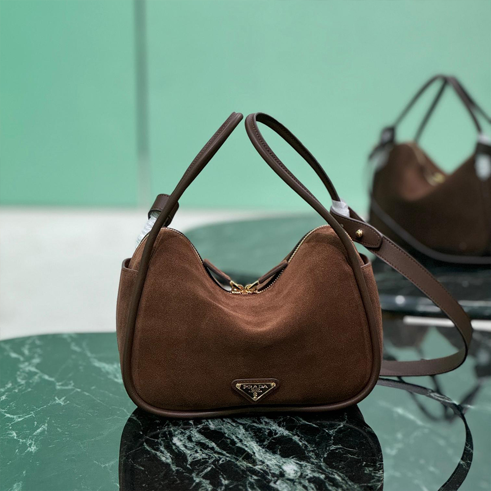 Prada Dark Brown Velvety Suede Minimalist Crescent Shoulder Bag /10A - KAIROO