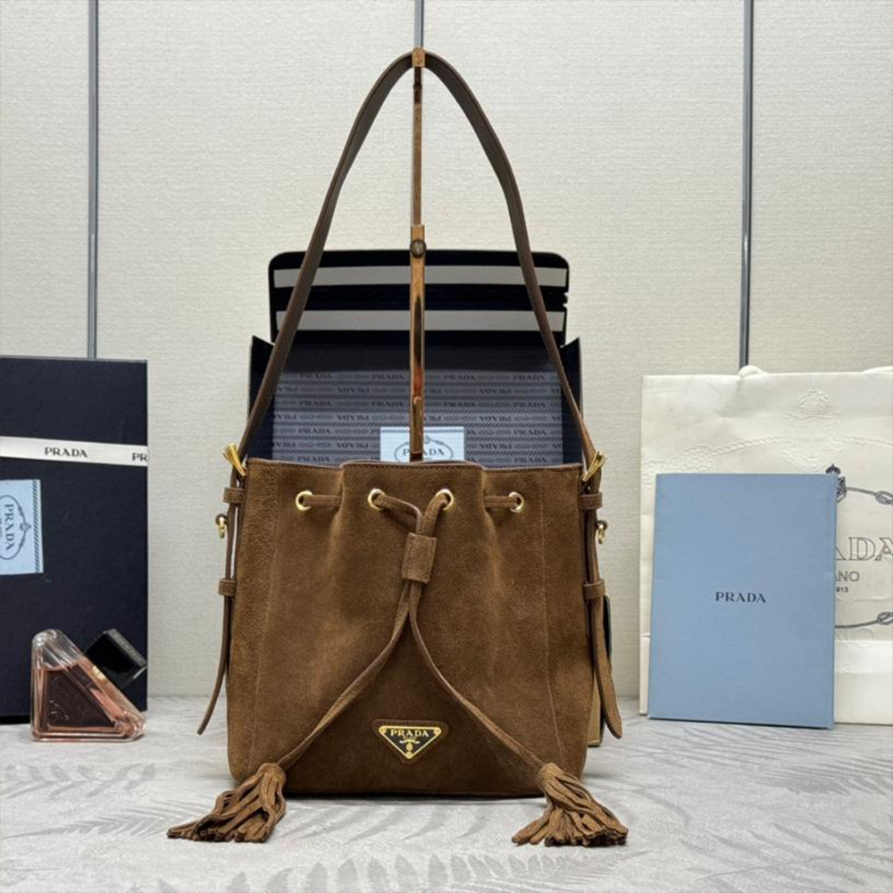 Prada Brown Suede Tassel Drawstring Bucket Shoulder Bag / 10A - KAIROO