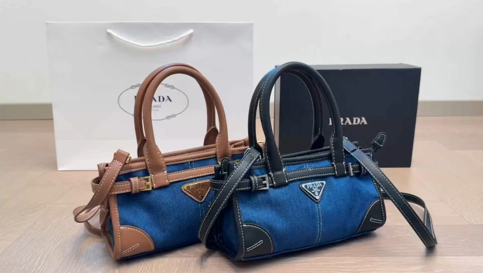 Prada Tri-logo Contrast-stitching Buckle Denim Top Handle Bag - KAIROO