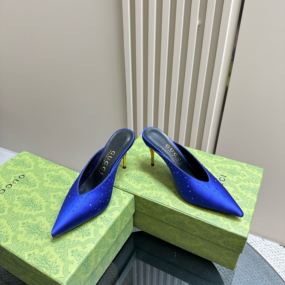 GUCCI Satin Crystal Pointed Toe Stiletto Mules High Heel Slides - KAIROO