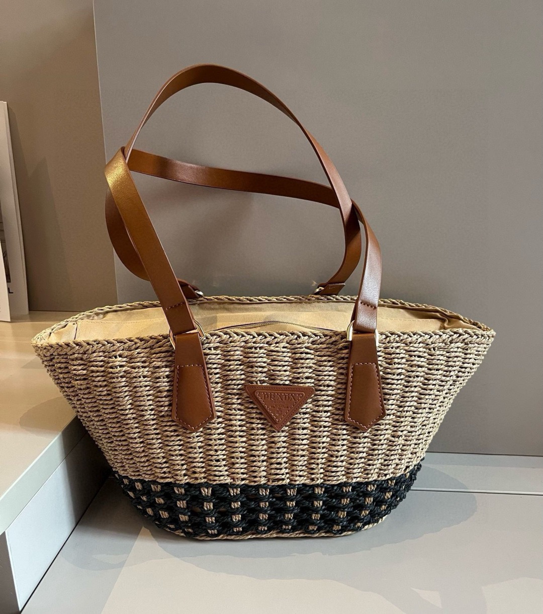 Prada Woven Straw Two-Tone Leather Zip Handle Basket Tote Bag - KAIROO