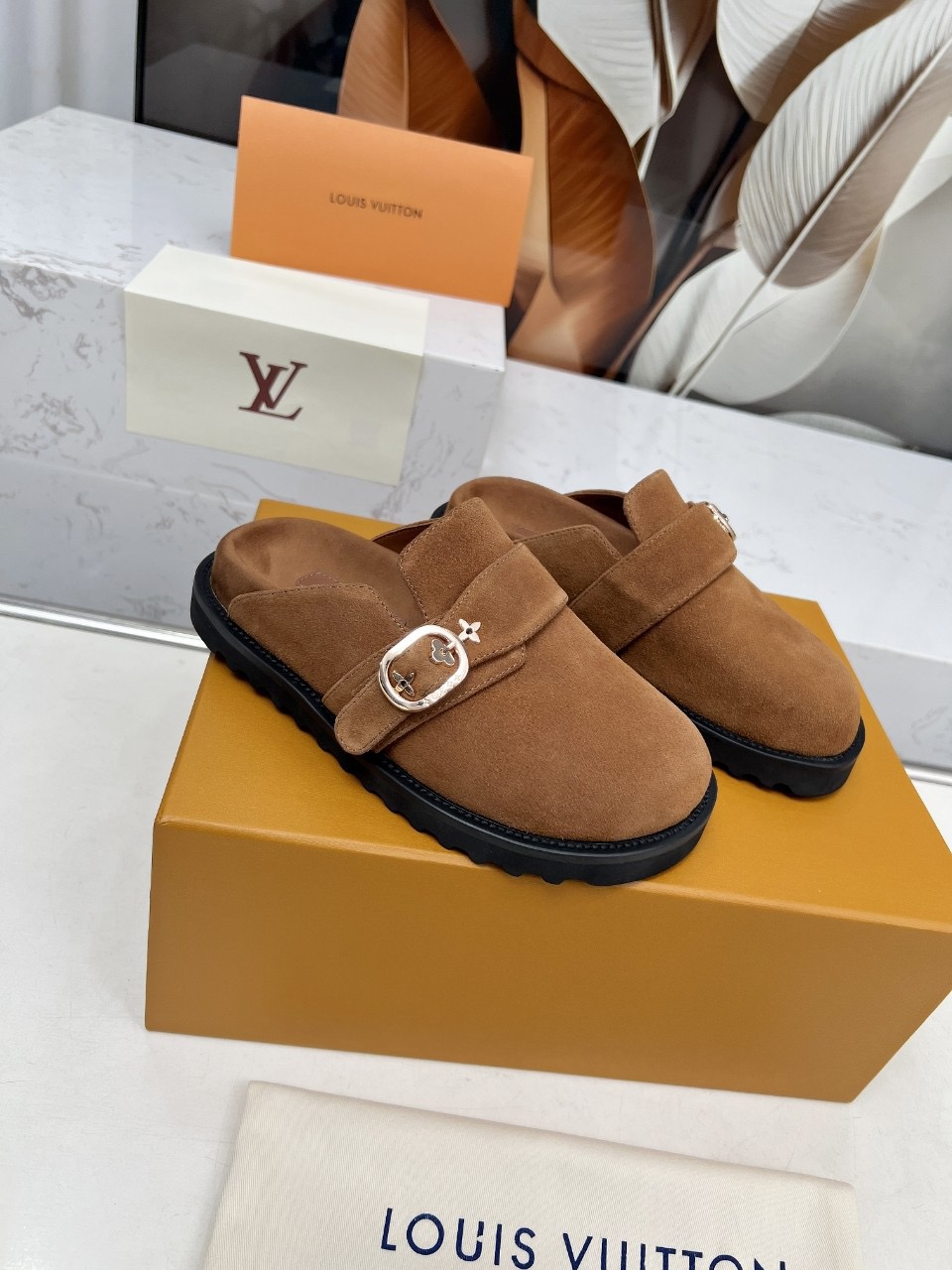 Louis Vuitton LV  Suede Buckle Mules - KAIROO