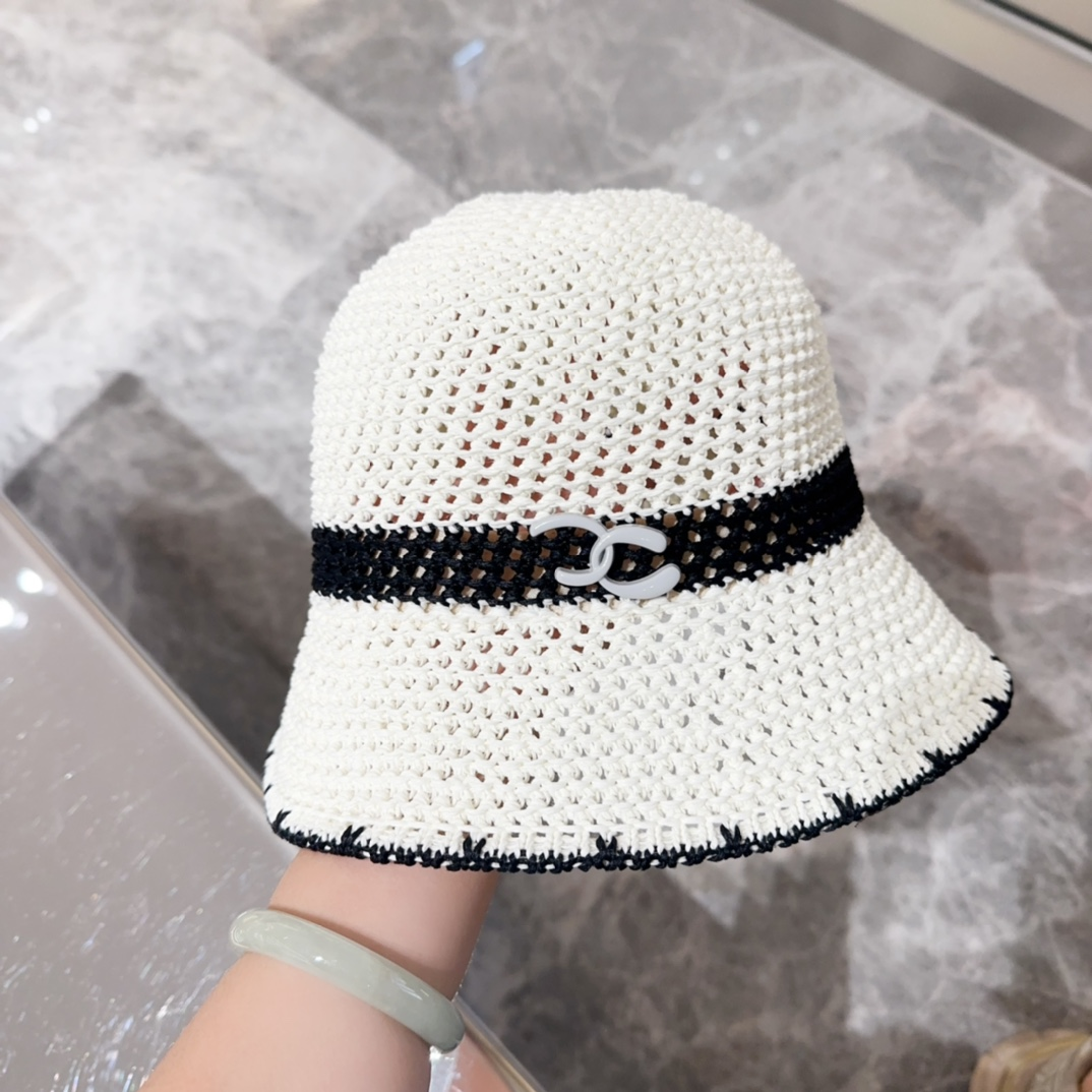 Chanel White & Black Striped Hollow Crochet Bucket Hat with CC Logo - KAIROO