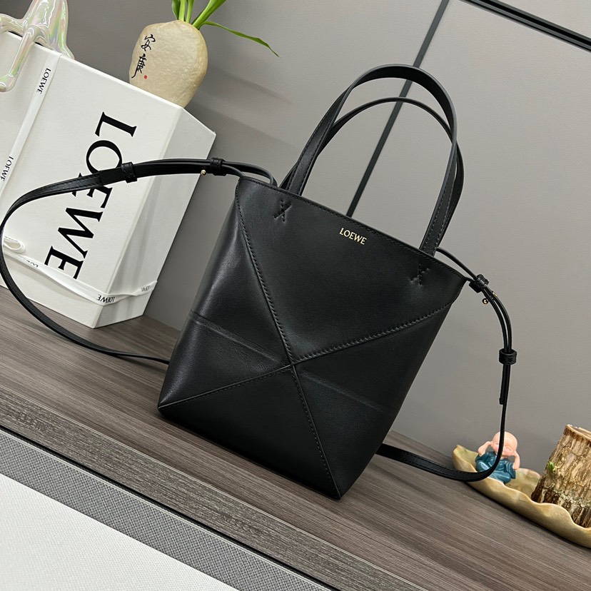 Loewe Black Mini Puzzle Geometric Fold Smooth Leather Tote Handle Shoulder Bag - KAIROO