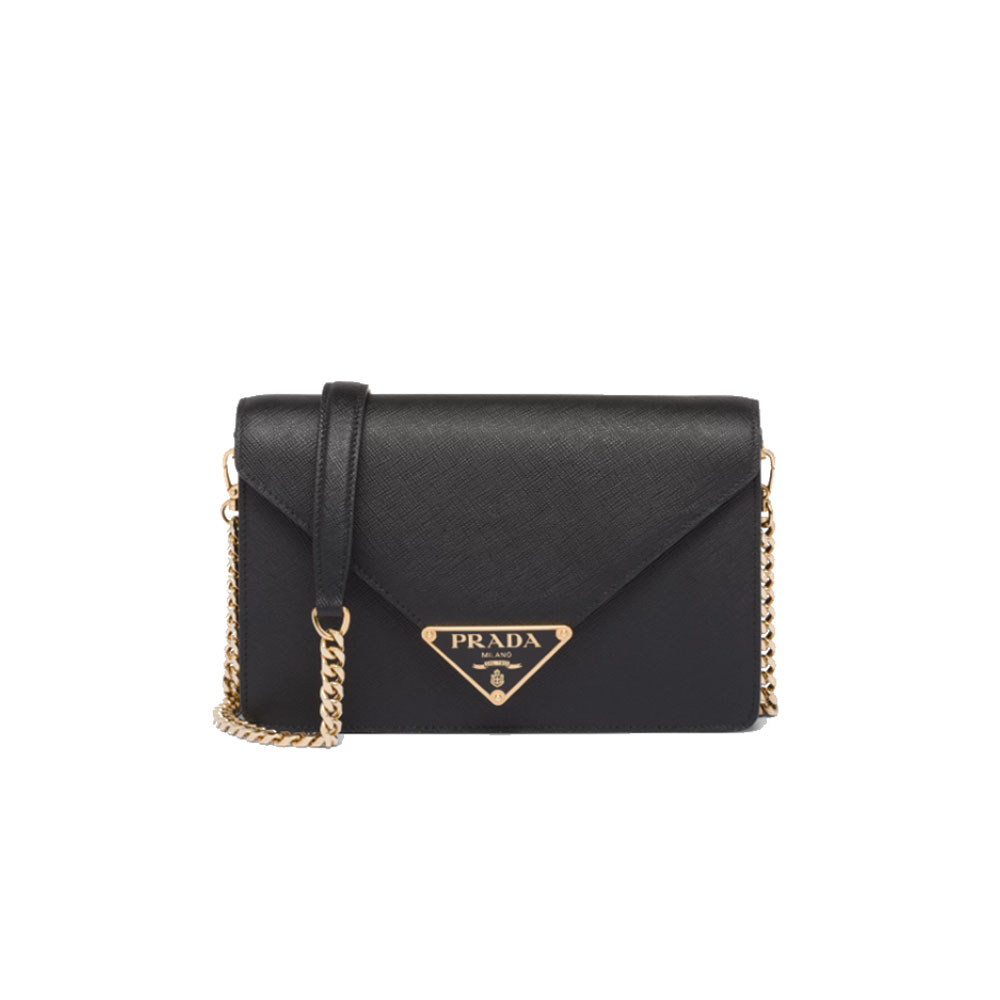 Prada Triangle Logo Envelope Flap Gold Chain Saffiano Leather Shoulder Bag - KAIROO