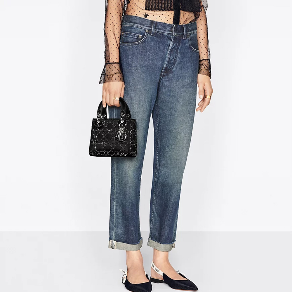 Dior Lady Dior Crystal Cannage Quilted  Charm Pendant Top Handle Bag / Black - KAIROO