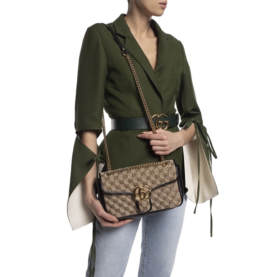 Gucci GG Marmont Beige Quilted Monogram Canvas  Gold Chain Shoulder Bag - KAIROO