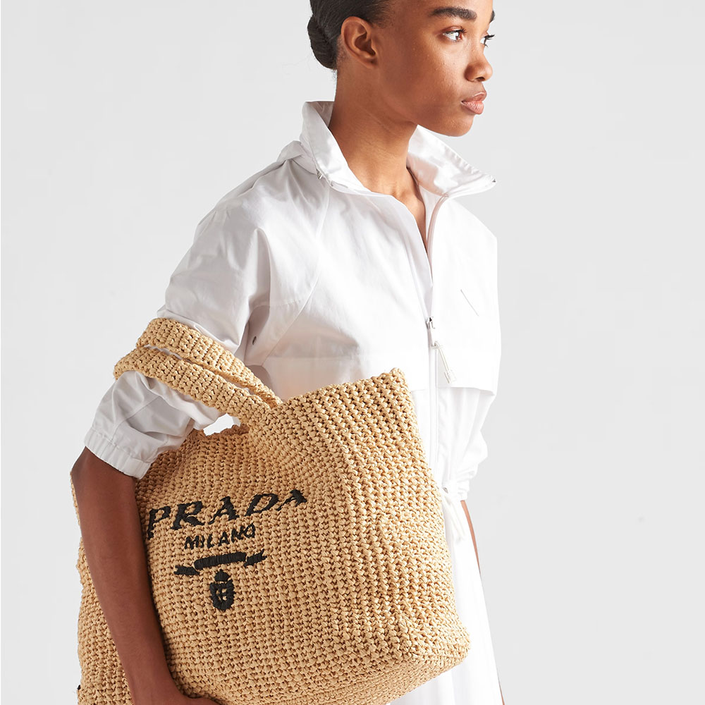 Prada Crochet Raffia Logo Embroidered Hobo Tote Bag - KAIROO