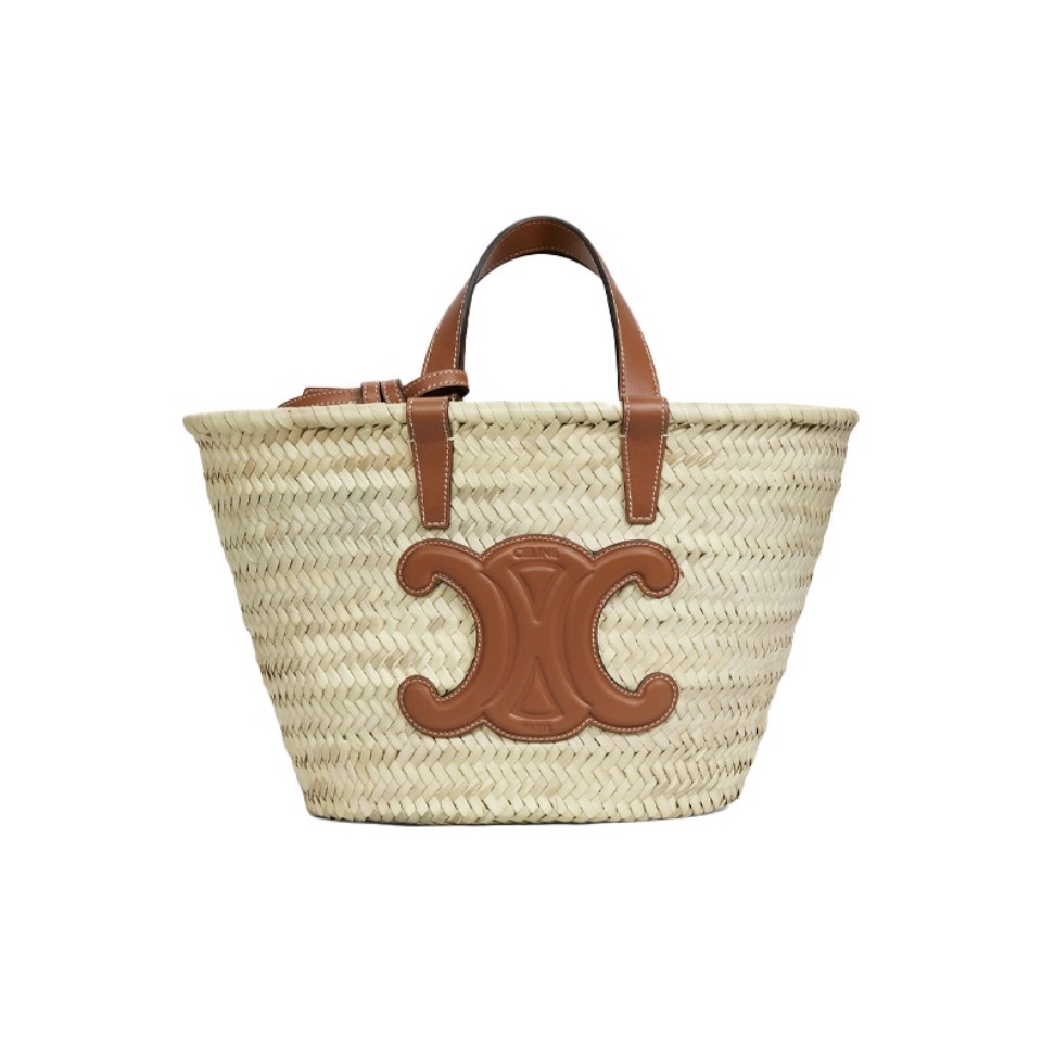 Celine Small Woven Raffia Leather Patch Removable Pouch Basket Tote Straw Bag - KAIROO